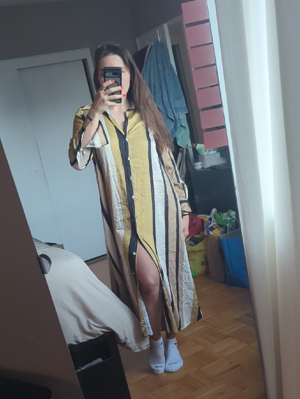 Zara Striped Maxi Shirt Dress in Yellow, Black and Cream
